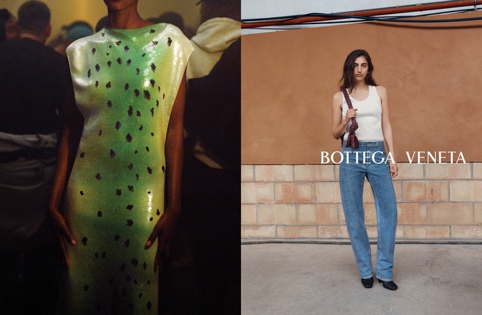 Salah satu tampilan paling memorable dari peragaan koleksi ini di Milan Fashion Week pada Maret 2022 lalu adalah kombinasi tank top putih dan jeans. Namun siapa sangka bila celana tersebut justru terbuat dari kulit namun diwarnai sehingga terlihat sebagai jeans. Talked about modern craftsmanship!Foto: Courtesy of Bottega Veneta