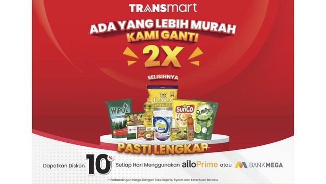 Dengan garansi harga termurah, Transmart siap ganti dua kali selisihnya bila pelanggan menemukan produk serupa dengan harga lebih murah di supermarket lainnya.