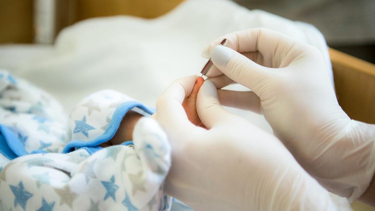 doctor takes a blood test in newborns. Extract from the hospital