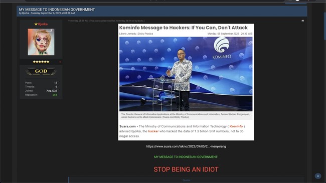 User forum gelap Bjorka memberi pesan balasan kepada Kominfo yang meminta hacker tak menyerang: stop being an idiot!