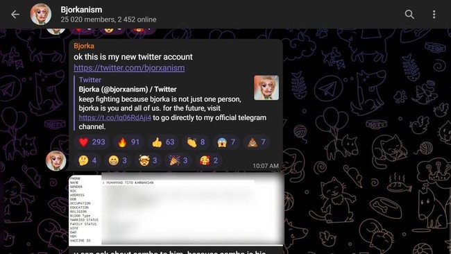 Hacker Bjorka menghapus isi chat di channel telegram pribadinya. 