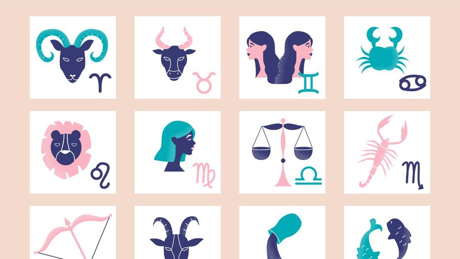 Colorful set of zodiac signs on pink background. Zodiac sign elements as a poster or wall art template. Astrology art for horoscope banners. Flat cartoon vector illustration
