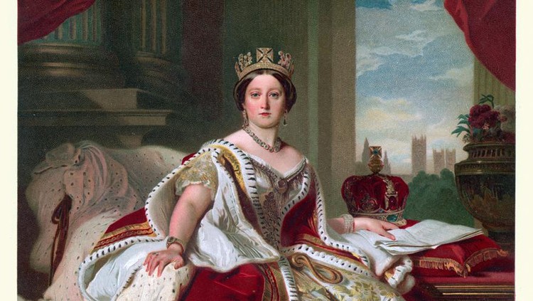 Vintage colour lithograph of Queen Victoria in her robes of State
