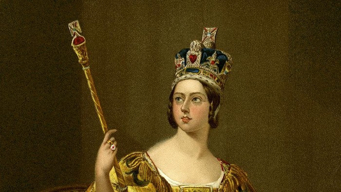 Vintage colour lithograph of Queen Victoria in her robes of State