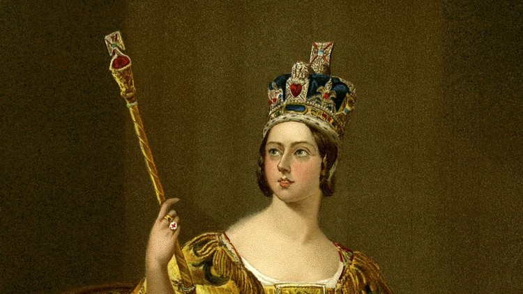 Vintage colour lithograph of Queen Victoria in her robes of State