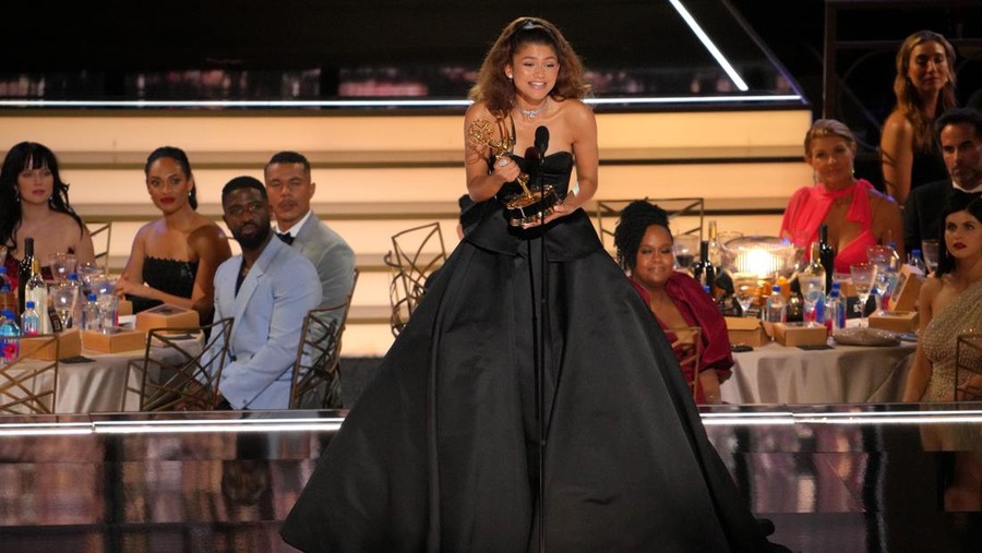 LOS ANGELES, CALIFORNIA - SEPTEMBER 12: Zendaya accepts the Outstanding Lead Actress in a Drama Series award for ‘Euphoria’ onstage during the 74th Primetime Emmys at Microsoft Theater on September 12, 2022 in Los Angeles, California. (Photo by Kevin Mazur/WireImage)