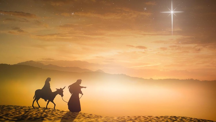 Silhouette pregnant Mary and Joseph with a donkey on star of cross background