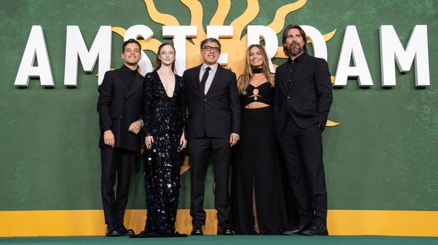 LONDON, ENGLAND - SEPTEMBER 21: (L-R) Rami Malek, Andrea Riseborough, David O. Russell, Margot Robbie and Christian Bale attend the 