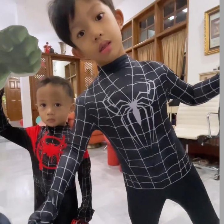 <p>Aqli sendiri tampak bahagia mengenakan kostum pahlawan kesukaannya, Spiderman bersama sang kakak, Aqlan. (Foto: Instagram: @mrsayudewi)</p>