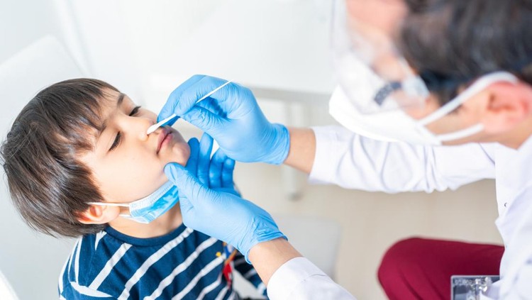 Male doctor taking a sample from a little boy's nose using a cotton swab at clinic. Virus testing procedure