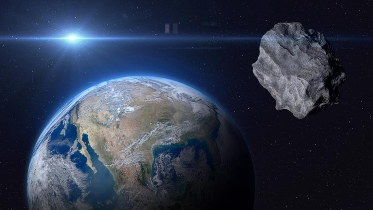 Planet Earth and big asteroid in the space. Concept a potentially hazardous object (PHO). Potentially hazardous asteroids (PHAs). Asteroid in outer space near Earth planet. Stony-iron meteorite is solar system. Elements of this image furnished by NASA. ______ Url(s): 