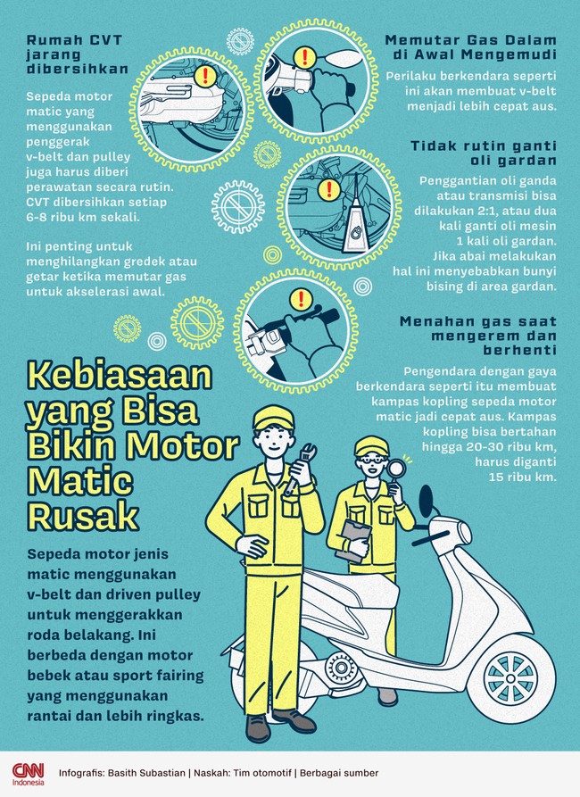 Ada beberapa poin yang bisa merusak komponen v-belt dan driven pulley pada motor matic.