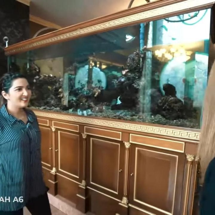 <p>Di ruang tamu, Inul meletakkan akuarium besar yang diisi oleh air laut asli, perawatannya ditaksir dengan harga setengah miliar, lho, Bunda. (Foto: YouTube The Hermansyah A6)</p>