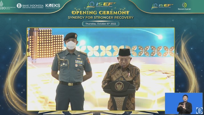 Wakil Presiden (Wapres)  Ma’ruf Amin di acara Opening Ceremony Indonesia Sharia Economic Festival (ISEF) 2022 (Tangkapan Layar Youtube Bank Indonesia)