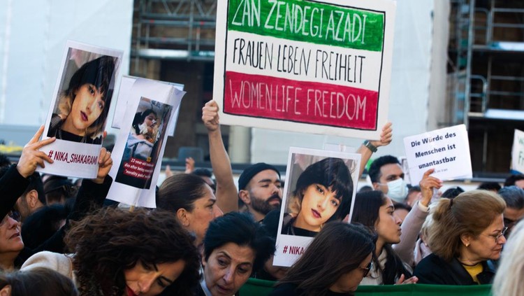 thousands of protesters take part in new protest against Islamic regime in Iran and demand German government take action to support protesters and expel the policial representation in Iran in Cologne, Germany on Oct 9, 2022 (Photo by Ying Tang/NurPhoto via Getty Images)