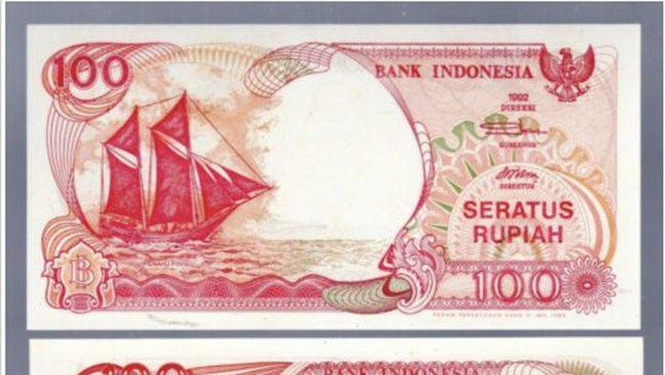Uang Kertas Rp 100 Bergambar Kapal Pinisi.