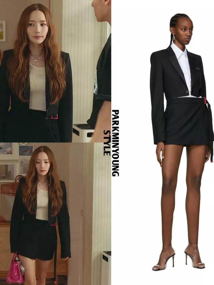Sejak kecil dilatih untuk menjadi 'sosialita kaya raya', Park Min Young pakai aksesoris mewah dan tenteng tas Hermes. Sementara itu, ia hanya mengenakan mini dress dan blazer hitam dari OFF-WHITE. Total keseluruhan outfit ini sampai Rp39 juta. Belum tasnya juga, lho!/ Foto: instagram.com/parkminyoung.style