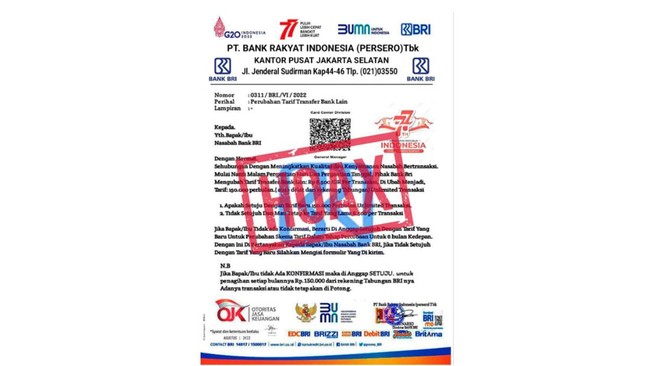PT Bank Rakyat Indonesia (Persero) Tbk memastikan tidak ada perubahan tarif transfer antar bank menjadi Rp150 ribu per tahun.