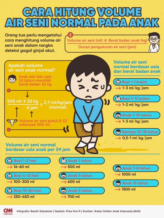 Orang tua perlu tahu cara menghitung volume air seni normal pada anak dalam rangka deteksi dini gagal ginjal akut.