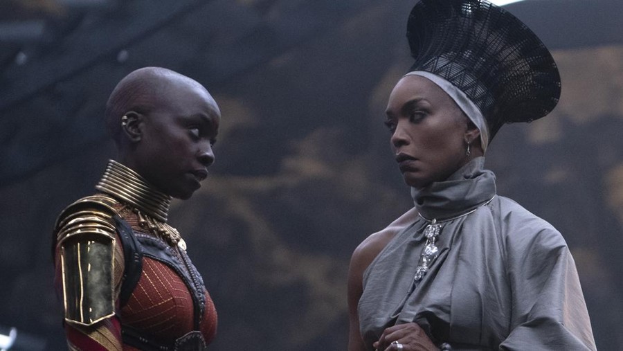 (L-R): Danai Gurira as Okoye and Angela Bassett as Ramonda in Marvel Studios' BLACK PANTHER: WAKANDA FOREVER. Photo by Eli Adé. © 2022 MARVEL.