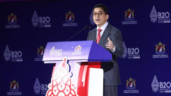 Arsjad Rasyid, ketua Kadin Indonesia dalam acara pembukaan B20 Summit di BNDCC Nusa Dua, Bali, Minggu (13/11/2022). (CNBC Indonesia/Tri Susilo)