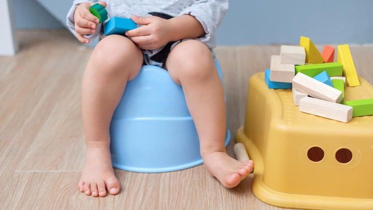 Ilustrasi Cara Mengatasi BAB Keras pada Anak Closeup of legs of cute little Asian 18 months old toddler baby boy child sitting on potty playing with wooden blocks toy. Kid playing with educational toy & Toilet training concept. - Selective focus