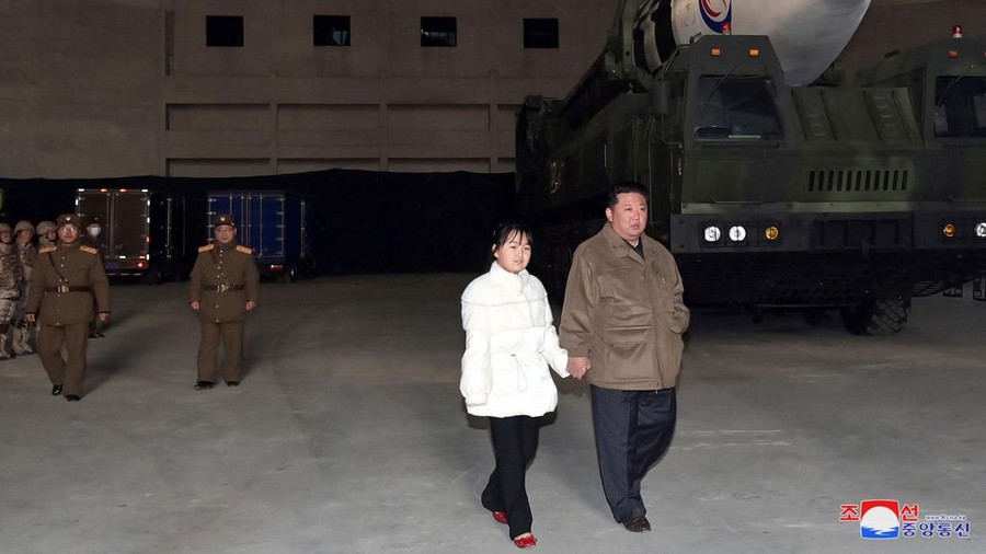 North Korean leader Kim Jong Un, along with his daughter, inspects an intercontinental ballistic missile (ICBM) in this undated photo released on November 19, 2022 by North Korea's Korean Central News Agency (KCNA). KCNA via REUTERS ATTENTION EDITORS - THIS IMAGE WAS PROVIDED BY A THIRD PARTY. NO THIRD PARTY SALES. SOUTH KOREA OUT. NO COMMERCIAL OR EDITORIAL SALES IN SOUTH KOREA. REUTERS IS UNABLE TO INDEPENDENTLY VERIFY THIS IMAGE.