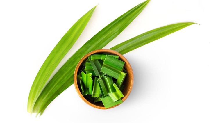 Fresh green pandan leaves (Pandanus amaryllifolius come) and slices in wooden bowl isolated on white background. Top view. Flat lay.