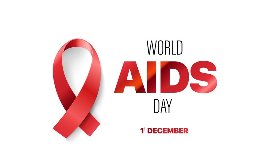 Banner with realistic red ribbon. Poster with symbol for world aids day, 1 december. Design template, vector illustration.