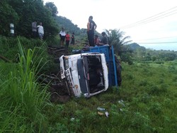 Truk Tabrak Tiang Telkom lalu Nyemplung Sawah-Terbalik di Sidemen