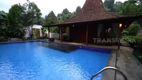 <p>Kolam renangnya berada di rumah joglo yang masih satu area dengan villanya itu. Tak hanya itu, hal menarik dari kolam renangnya ini adalah memiliki pemandangan langsung ke area persawahan milik Ivy. (Foto: YouTube TRANS7 OFFICIAL)</p>