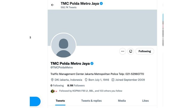 Akun Twitter TMC Polda Metro berubah polos tanpa unggahan pada Kamis (1/12) siang. Ada apa?