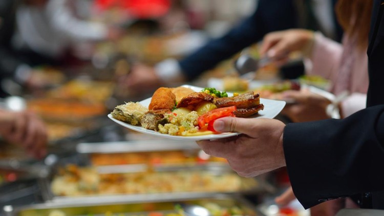 people group catering buffet food indoor in luxury restaurant with meat colorful fruits  and vegetables