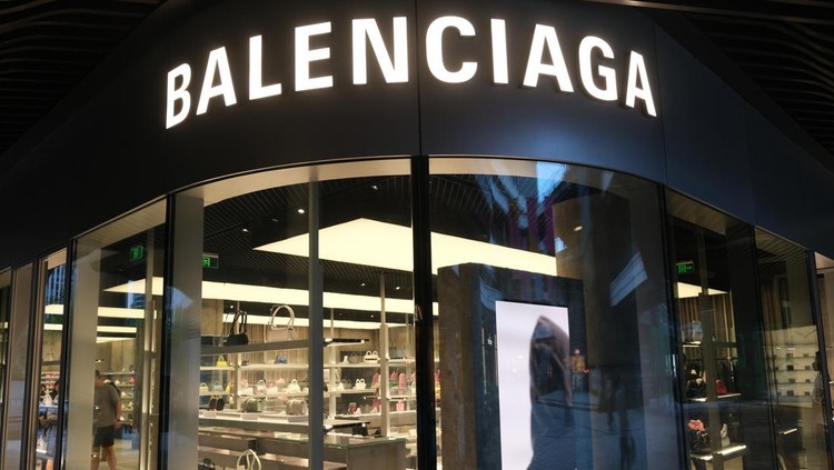 Shanghai.China-Oct.10th 2021: Balenciaga store with brand sign. A Spanish luxury fashion brand