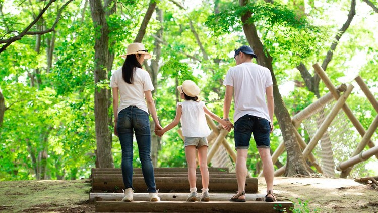 Father, mother and daughter holding hands in forest park