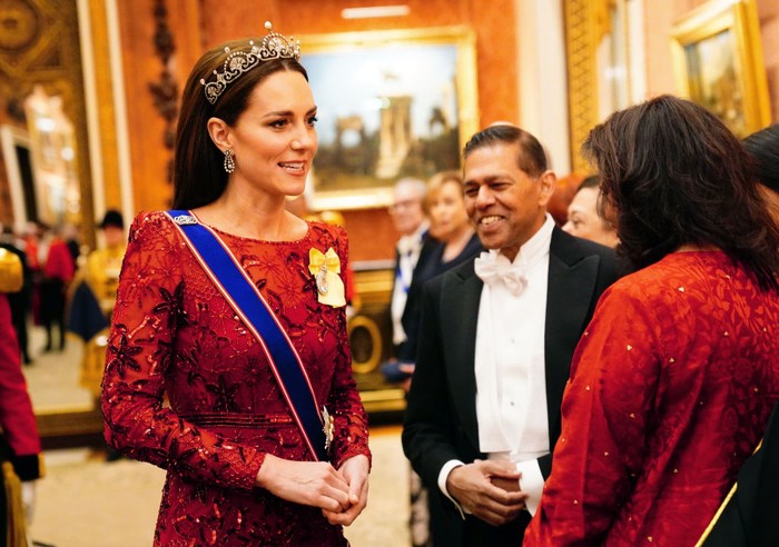LONDON, ENGLAND - DECEMBER 06: Catherine, Princess of Wales during a Diplomatic Corps reception at Buckingham Palace on December 6, 2022 in London, England. The last Reception for the Diplomatic Corps was hosted by Queen Elizabeth II at Buckingham Palace in December 2019.  (Photo by Victoria Jones - Pool/Getty Images)