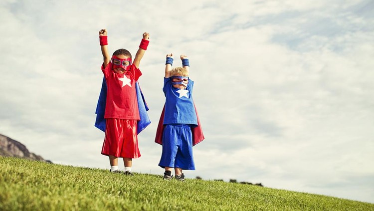 Two superheroes are ready to save the world. It is never too early to be super.