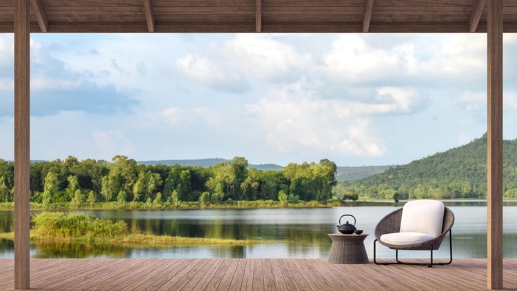 Wood terrace with beautiful lake and mountain view 3d render&comma;There are old wood terrace floor&comma;Decorate with rattan lounge chair&comma;Surrounded by nature