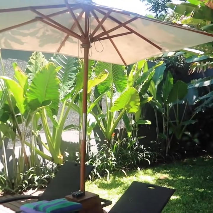 <p>Dihias dengan pohon-pohon tropis, taman di villa Titi Kamal bisa jadi spot foto yang bagus. Titi pun mengaku ingin memberikan pemandangan yang asri dan hijau di villanya. (Foto: YouTube/Titi dan Tian)</p>