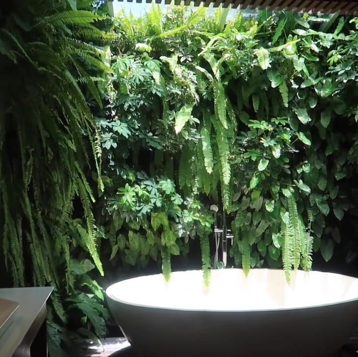 <p>Kamar mandi berkonsep semi-outdoor di kamar utama dilengkapi dengan bathtub. Untuk menyamakan konsep dengan seisi villa, Titi menghias dinding tembok kamar mandinya dengan tumbuhan hijau, Bun. (Foto: YouTube/Titi dan Tian)</p>
