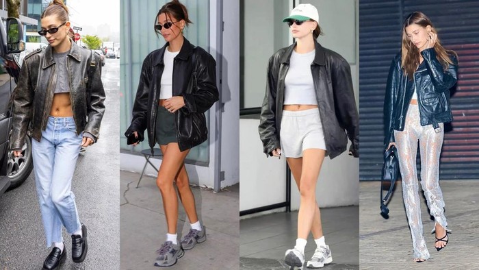 Sontek Gaya Hailey Bieber Mix & Match Jaket Kulit Hitam untuk OOTD Sehari-hari