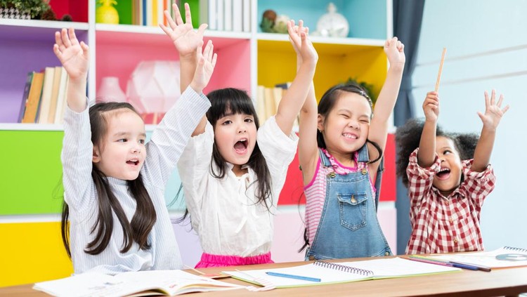 1155032948 Group diversity kids studying at school, rising hands and enjoy in classroom, kids education concept