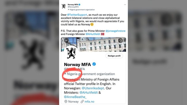 Pemerintah Norwegia melalui Kementerian Luar Negeri menegur Twitter gegara salah memberi label akun resmi mereka dengan nama Nigeria.