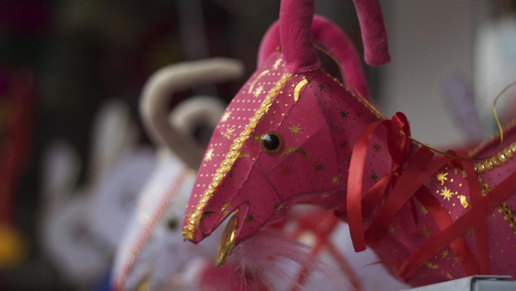 A lantern in the shape of a pink goat, for the Chinese lantern festival in the new year.