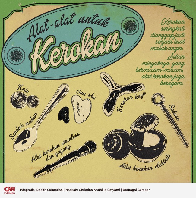 Kerokan seringkali dianggap jadi senjata buat masuk angin. Selain minyaknya yang bermacam-macam, alat kerokan juga bermacam-macam.