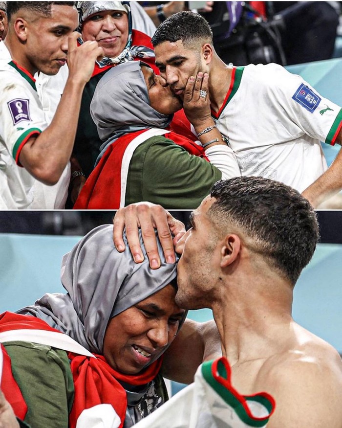 Achraf Hakimi sukses curi perhatian di Piala Dunia 2022 setelah menunjukkan kedekatannya dengan sang ibu di lapangan. Pemain timnas Maroko ini tampil percaya diri dengan dukungan ibunya. (Foto: Instagram: Achraf Hakimi)