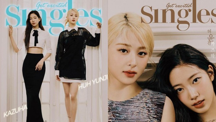 Huh Yun Jin dan Kazuha tampil memesona dalam pemotretan sampul majalah Singles. Citra anggun dan tangguh keduanya tunjukkan bersama LE SSERAFIM selaras dengan tema Get Excited dari majalah edisi Januari 2023 tersebut./ Foto: instagram.com/singlesmagazine