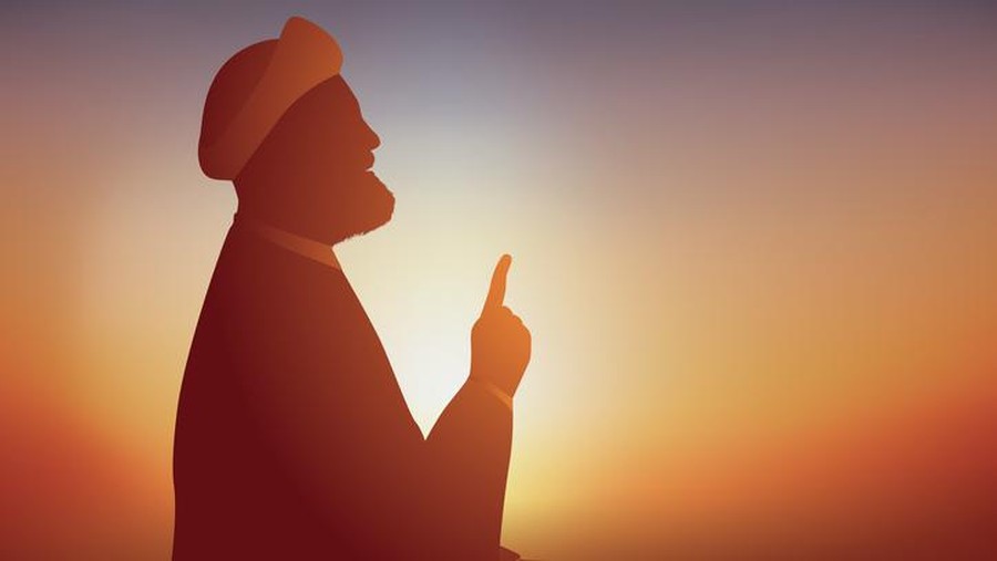 Symbol of the Shia Muslim religion with an Ayatollah who prays and preaches in front of his followers by stretching a finger upwards.