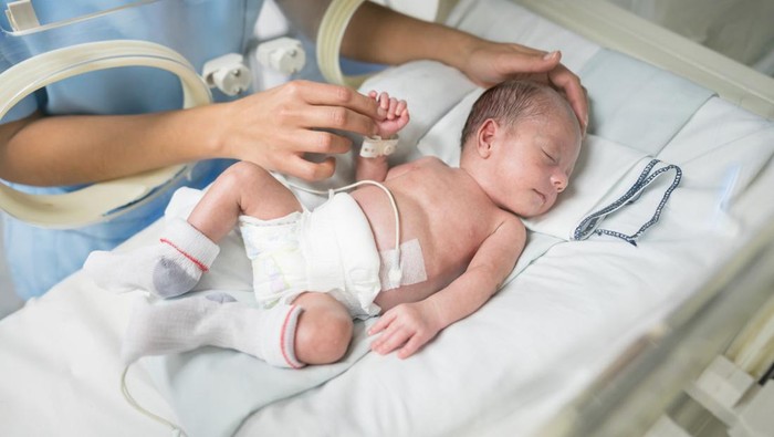 Unrecognizable nurse caressing a newborn baby in an incubator while he sleeps very peacefully
