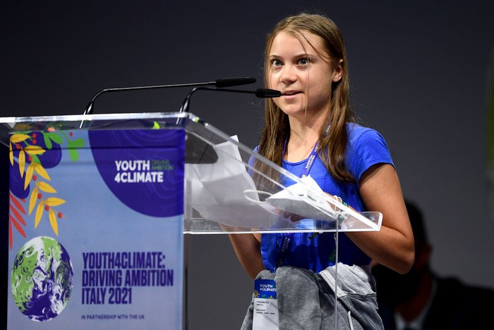MICO, MILAN, ITALY - 2021/09/28: Greta Thunberg speaks during opening plenary session of the Youth4Climate pre-COP26 event. The 2021 United Nations Climate Change Conference, also known as COP26, is scheduled to be held in the city of Glasgow, Scotland between 31 October and 12 November 2021. (Photo by Nicolò Campo/LightRocket via Getty Images)